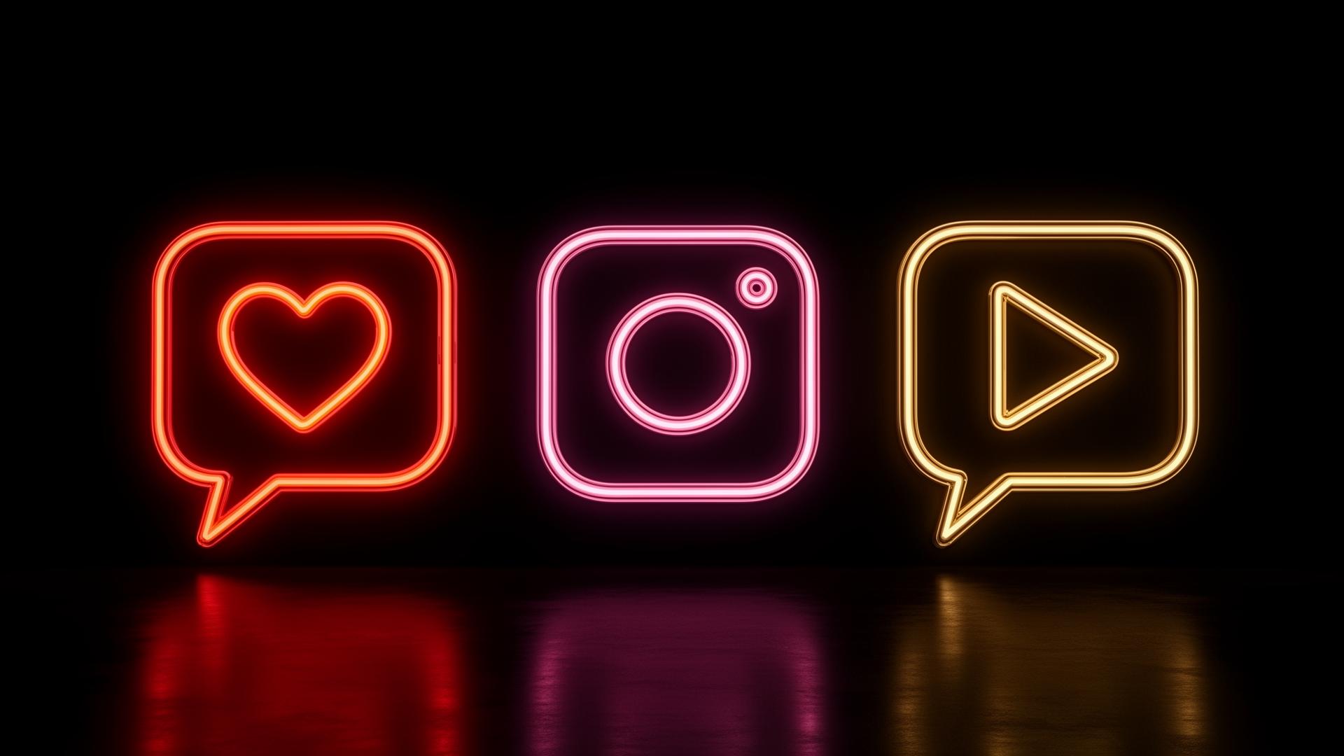 Neon Instagram-style icons — likes, posts and reels glowing on a dark background